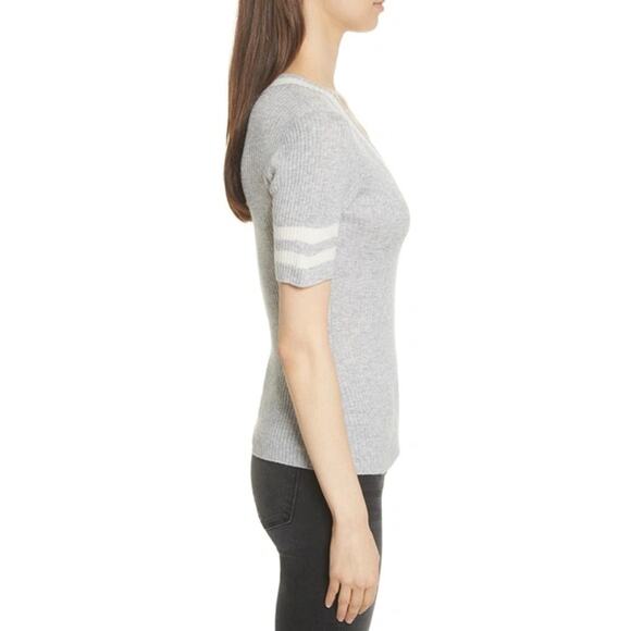 FRAME Varsity V-Neck Sweater Wool Blend Striped Short Sleeve Rib Knit Gray - Picture 2 of 12